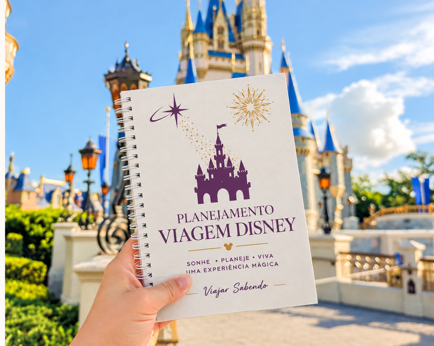 Caderno de planejamento de viagem para a Disney com o Castelo da Cinderela ao fundo, em Orlando.